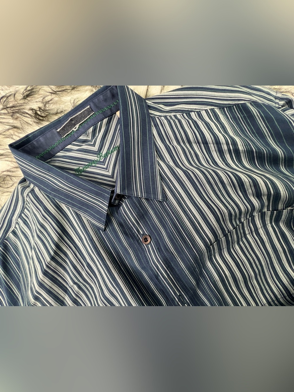 Tomy Bahama Men's Navy and White Striped Button-Up Shirt